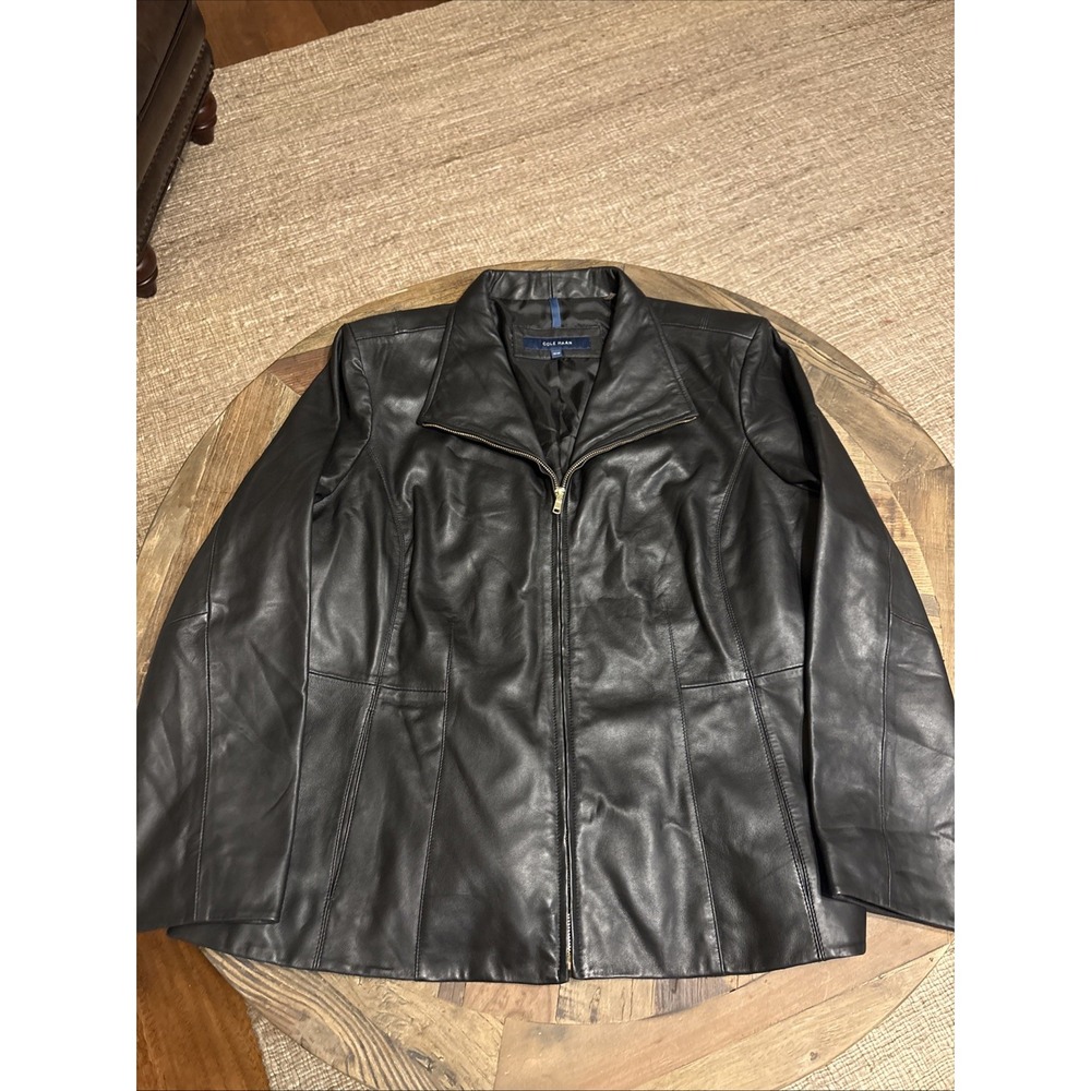 Cole Haan Women's Leather Wing Collar Zip Jacket Size 3X/3T Black Soft Lamb Skin - Picture 2 of 7